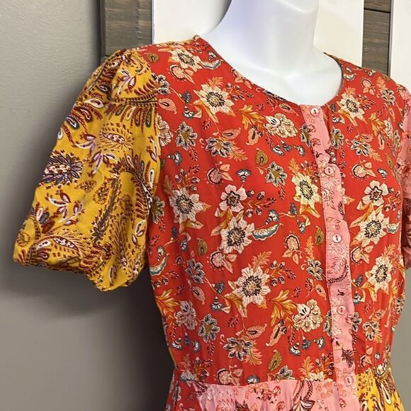 ZARA Women Collection Floral Asymmetrical Short Sleeve Button Down Boho MIDI-Lrg - Picture 5 of 13